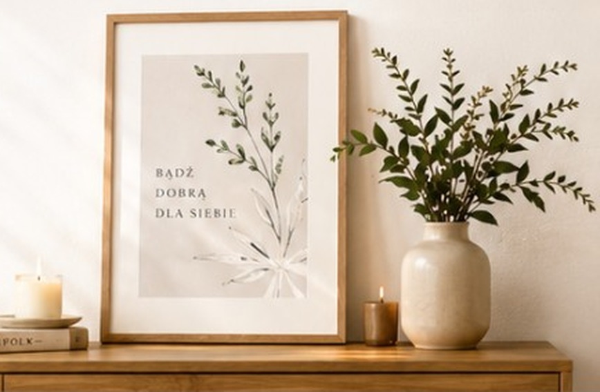 Botaniczny plakat MINNLA w naturalnym wnętrzu