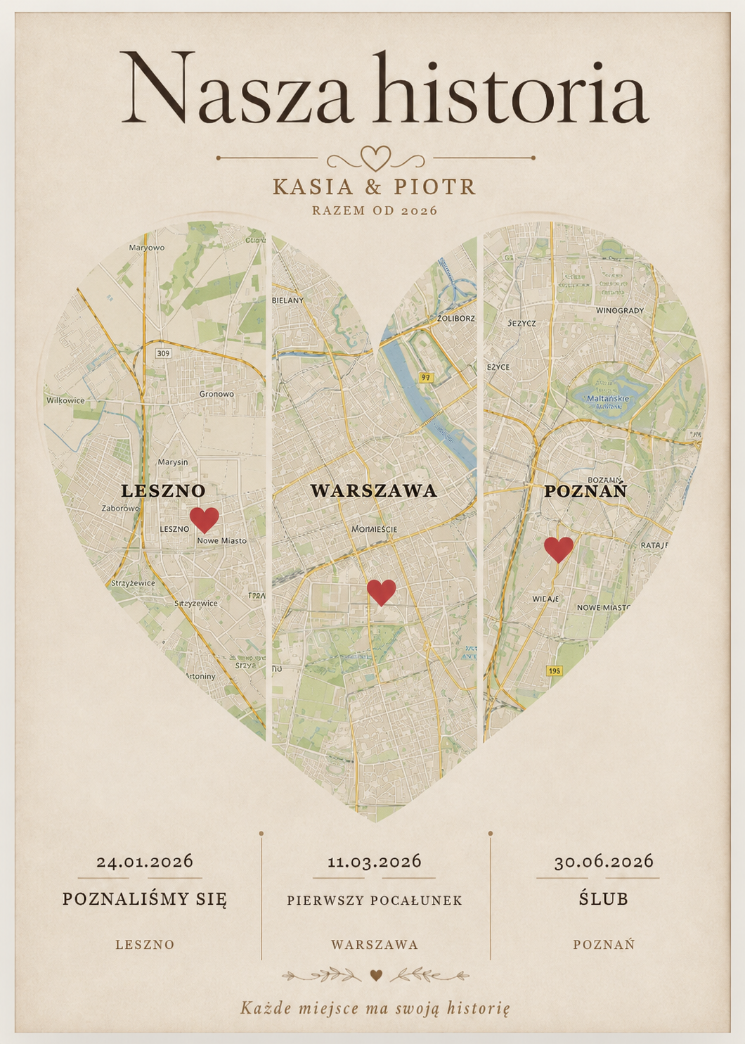 Mapa Miłości – personalizowany plakat z mapą trzech ważnych miejsc