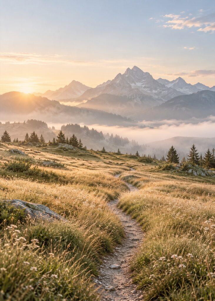 Alpejska ścieżka o wschodzie słońca